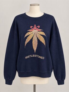 Delta Fleece XL Navy Mistlestoned Christmas Leaf Graphic Crewneck Sweatshirt